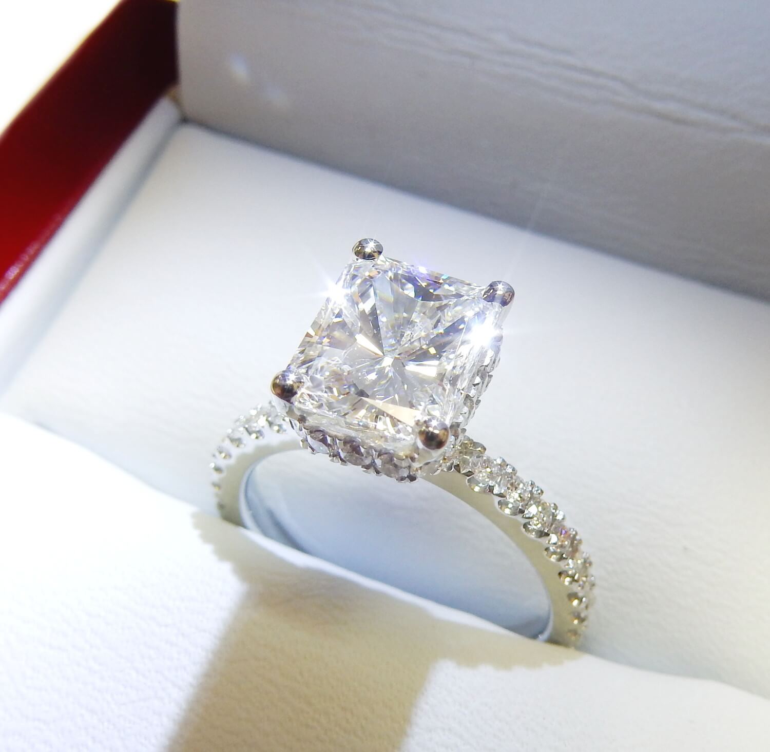 1.55 Carats Radiant Cut Micropaved Side Stones Hidden Halo Diamond Eng –  Benz & Co Diamonds