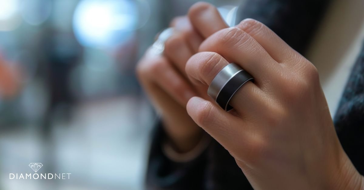 A contemporary black wedding ring made of black tungsten