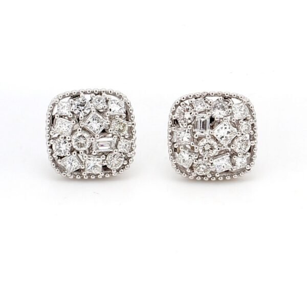 Cluster earrings with prong set mixed shape diamonds.  D2.12ct.t.w.
