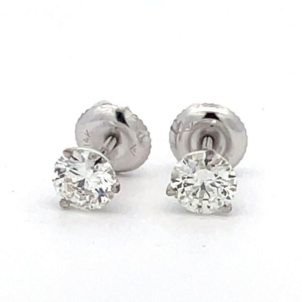 Screw back stud earrings martini style with 3-prong set round diamonds.  D1.04ct.t.w.