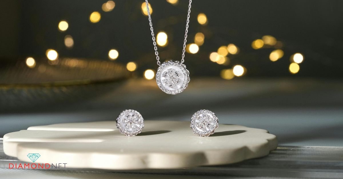 A pair of earrings illuminated by a blue light, used for inspecting diamond earrings with a UV light test