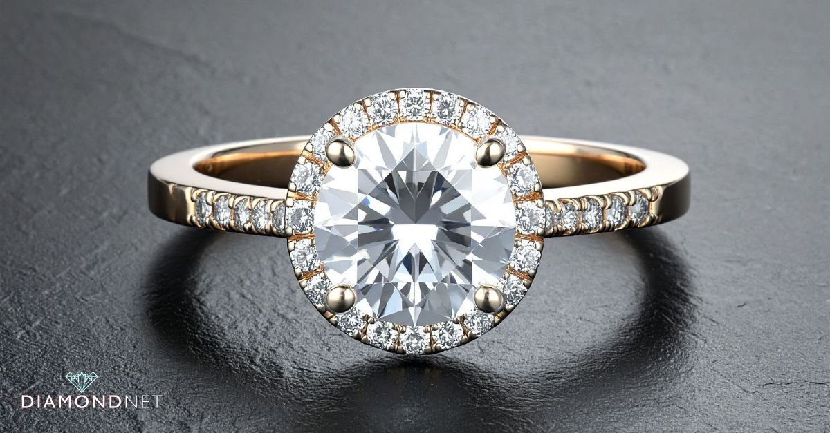 A woman admiring a halo engagement ring under natural light