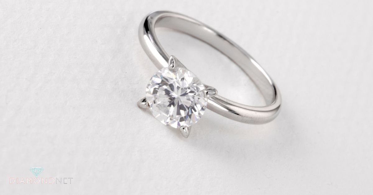 Close-up of a solitaire ring with a straight band